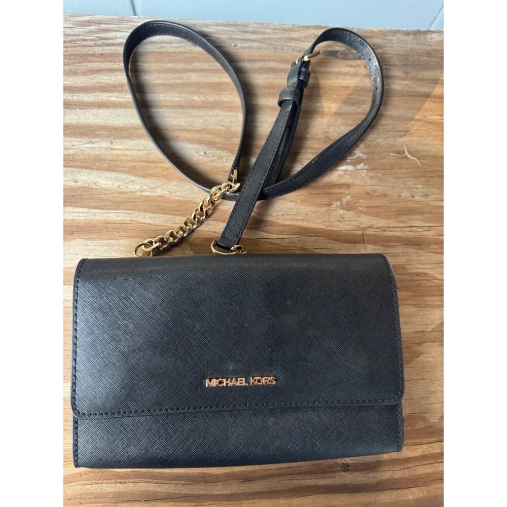 Michael Kors Black Leather Jet Set Travel Clutch Crossbody Bag With Gold Chain S